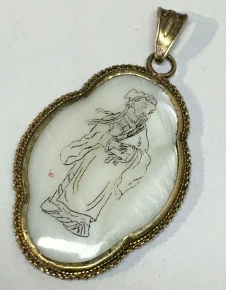 Antique Chinese Export Sterling Silver & Mother Of Pearl Pendant Very Rare