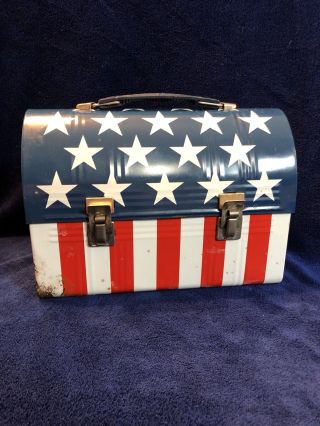 Vintage Red White And Blue Stars And Stripes Patriotic Metal Dome Lunch Box