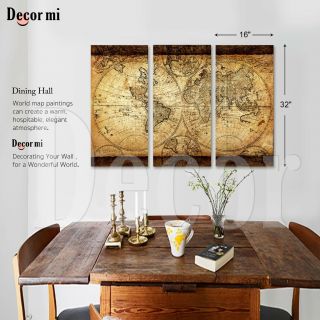 Vintage World Map Wall Art Print Canvas Living Room Office Bedroom Decor 3pc Set 5