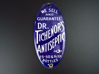 Vintage Medical Enamel & Metal Dr Tichenors Antiseptic Sign Blue & White
