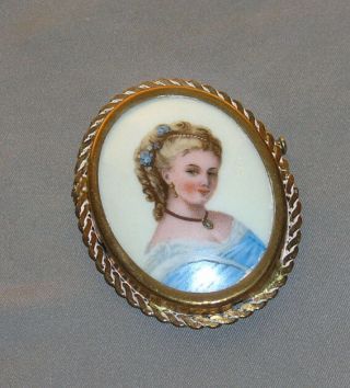 1950 ' s Miniature Lady Portrait on Limoges Porcelain & Goldtone Bezel Brooch 5