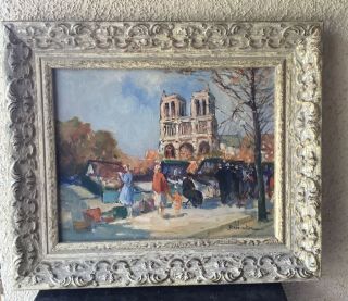 Vintage Oil Painting Of Paris With Notre Dame By Eugene Demester