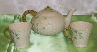 Vintage Irish Belleek Basketweave Shamrock Teapot With Twig Handle,  2 Mugs