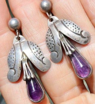 Rare Vtg Antique Taxco Mexico Signed Amethyst Sterling Silver Flower Earrings