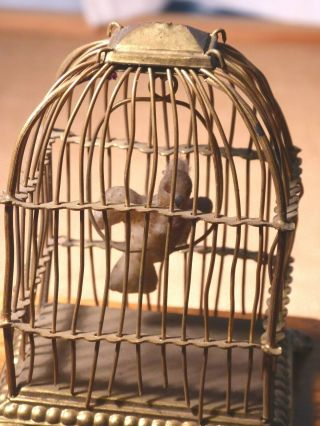 Charming Miniature Brass Wire Bird Cage W.  Bird On Swing Doll House Antique