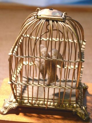Charming Miniature Brass Wire Bird Cage w.  Bird on Swing Doll House Antique 2