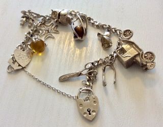 Stunning Ladies Vintage Heavy Silver Charm Bracelet With Fabulous Charms