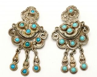 Vtg Matilde Poulat Matl Signed Sterling Silver Turquoise Clip Earrings Mexico