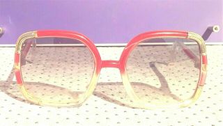 Vintage 70 ' s TED LAPIDUS France Large Lens Sunglasses Red / Clear & Gold Frames 2