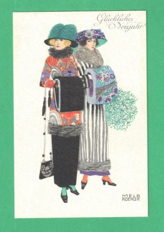 Vintage Mela Koehler Christmas/new Year Postcard Fashionable Ladies Mistletoe