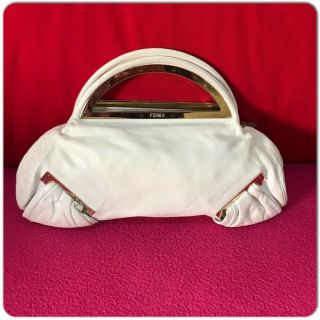 Vintage Rare Fendi White Leather Hand Bag With Gold Metal