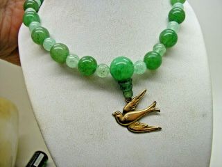 Vintage Jade Bead Necklace With 9ct Gold Swallow Bird Pendant