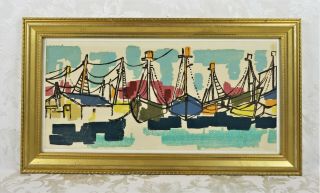 Vintage Mid Century Modern Abstract Watercolor Painting Of Sailboats Harbor