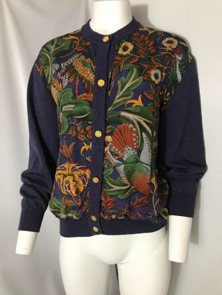 Vtg Salvatore Ferragamo Silk & Wool Floral Birds Golden Button Cardigan Large