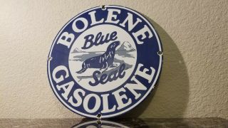 Vintage Bolene Gasoline Porcelain Blue Seal Motor Oil Service Station Pump Sign
