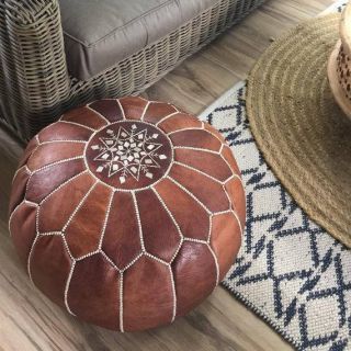 Stunning Moroccan Leather Ottoman (also Called Poufe) Vintage Tan