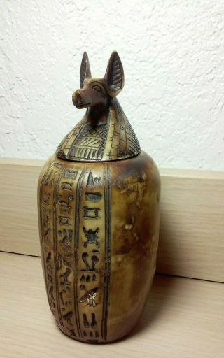 Incredible vintage,  Egyptian Revival carved soapstone figural lidded vase 2
