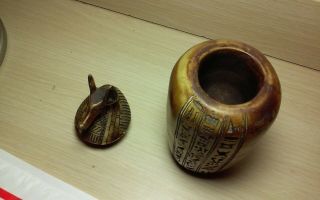 Incredible vintage,  Egyptian Revival carved soapstone figural lidded vase 7