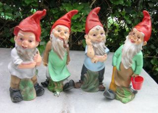 4 Vtg Large Plastic Heissner Garden Gnomes 912,  13,  14,  15 West Germany 14.  5 "