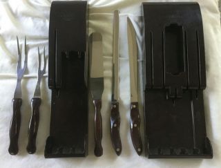 Cutco 7 Pc Vintage Knife Cutlery Set,  Brown/red Handles,  2 Wall Racks,  Usa