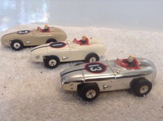 3 Vintage Aurora T - Jet HO Slot Car Indy F1 Racer Race Cars Chrome,  Tan,  & White 2