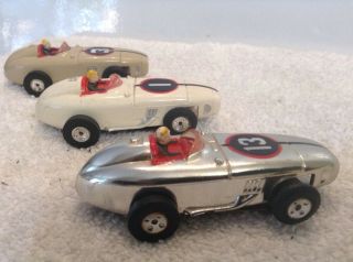 3 Vintage Aurora T - Jet HO Slot Car Indy F1 Racer Race Cars Chrome,  Tan,  & White 4