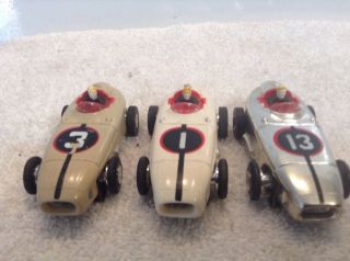 3 Vintage Aurora T - Jet HO Slot Car Indy F1 Racer Race Cars Chrome,  Tan,  & White 6
