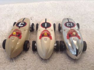 3 Vintage Aurora T - Jet HO Slot Car Indy F1 Racer Race Cars Chrome,  Tan,  & White 7