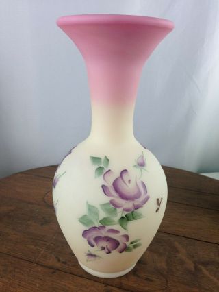 Vintage Signed Fenton Burmese Hand Painted Floral Vase Pink/green/purple P2