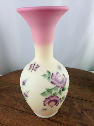 Vintage Signed Fenton Burmese Hand Painted Floral Vase Pink/Green/Purple P2 2