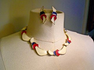 Monet Red,  Off White & Blue Enamel Necklace With Earrings Set /deco Design/exc