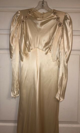 Vintage 1930 ' s Gatsby Bias Cut Satin Beaded Wedding Gown Train Dress S ASIS 2