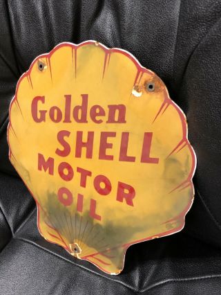 Vintage Golden Shell Motor Oil Porcelain Gas Station Sign 3