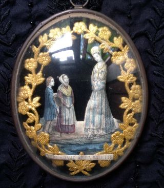 Rare Antique French Ex Voto Reliquary Picture Saint Notre Dame Salette Children
