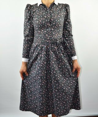 Vintage Laura Ashley Floral Dress Aline Cotton Grey Summer Puffy Arms Size 10 Ar