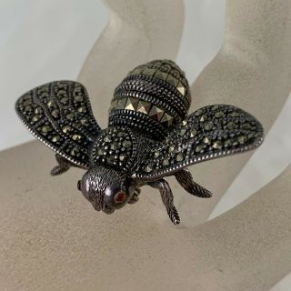 Vintage Sterling 925 Silver Marcasite Brooch Pin Fly Or Bee Red Glass Eyes