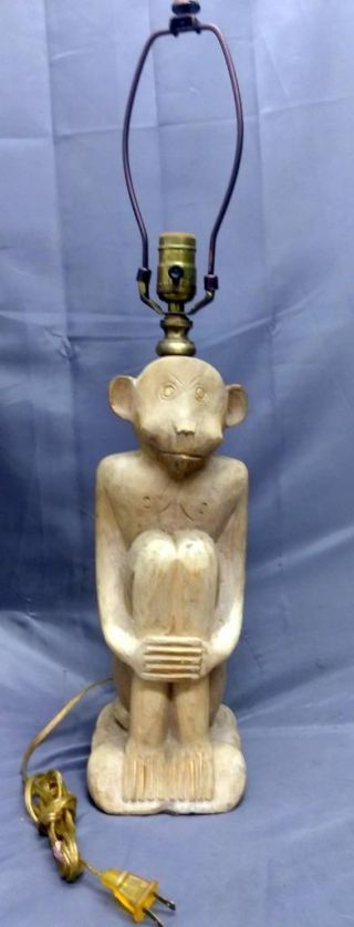 Vintage Hand Carved Wood Wooden Carving Monkey Statue Figural Lamp Tropical Art