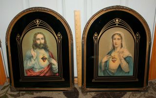 Vintage Jesus & Mary Sacred Heart Lithograph Prints Frame Art Nouveau Religious