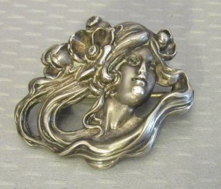 1900 Antique Sterling Silver Art Nouveau Woman Pin Repousse Flowing Hair Lady