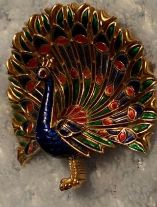 Vintage Crown Trifari Signed Blue Red & Green Enamel Peacock Brooch