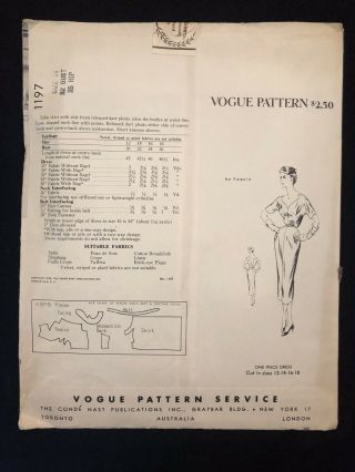 Vogue Paris Model 1197 Paquin 50s Vintage 1952 Pattern Size14 Bust 32 2