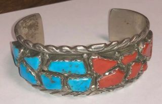 Rare Wayne Calavaza Zuni Old Pawn Sterling Silver Turquoise Coral Bracelet 10