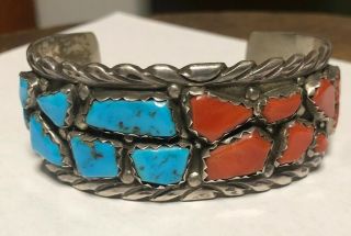 Rare Wayne Calavaza Zuni Old Pawn Sterling Silver Turquoise Coral Bracelet