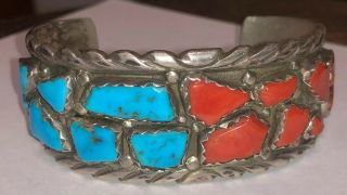 Rare Wayne Calavaza Zuni Old Pawn Sterling Silver Turquoise Coral Bracelet 2
