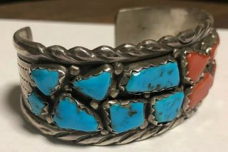 Rare Wayne Calavaza Zuni Old Pawn Sterling Silver Turquoise Coral Bracelet 3