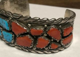 Rare Wayne Calavaza Zuni Old Pawn Sterling Silver Turquoise Coral Bracelet 7