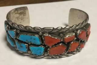 Rare Wayne Calavaza Zuni Old Pawn Sterling Silver Turquoise Coral Bracelet 8