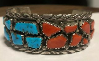 Rare Wayne Calavaza Zuni Old Pawn Sterling Silver Turquoise Coral Bracelet 9
