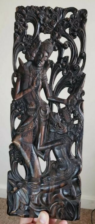 Vintage Indonesian Wood Carved Wall Plaque Of Goddess And Demon