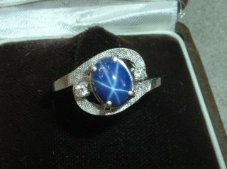 Estate 10k White Gold Blue Star Sapphire Diamond Ring Size 6.  5 6 1/2